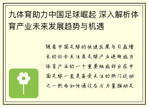 九体育助力中国足球崛起 深入解析体育产业未来发展趋势与机遇